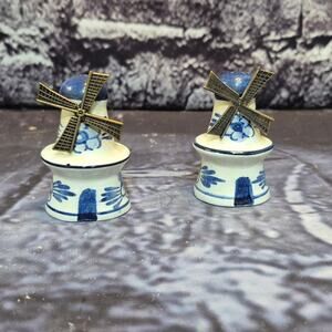 Vintage Delft Windmill Salt and Pepper Shakers Blue and White Holland Ceramic